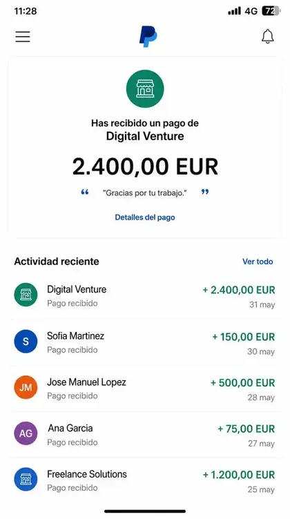 Captura de PayPal con un cobro de 2.400 euros