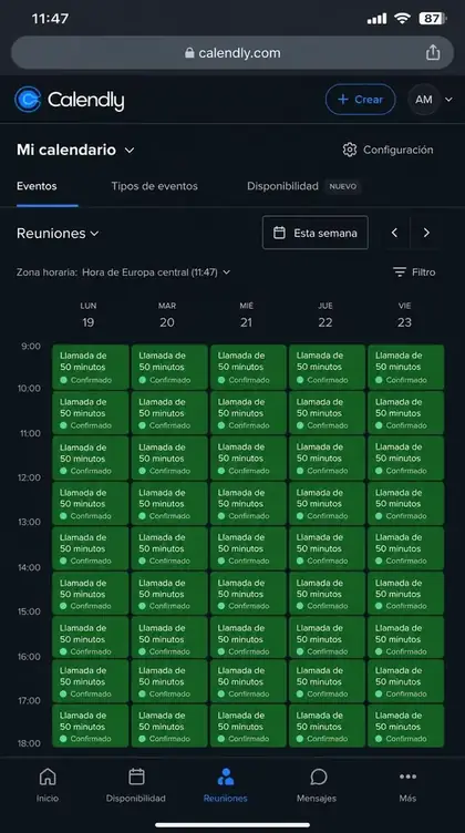 Captura de Calendly con la agenda llena de llamadas