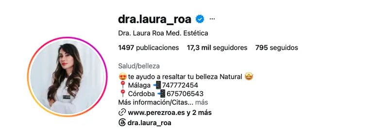 Perfil de Instagram de la Dra. Laura Roa, medicina estética
